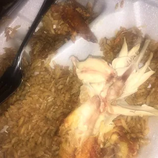 a meal in a styrofoam container