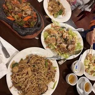 Vegetable chow mein with chicken , sizzling beef and chicken salad
