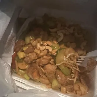 Kung Pao chicken over noodles