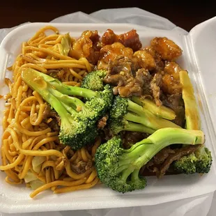 Two entrees and noodles. Total: $11.08 with tax.