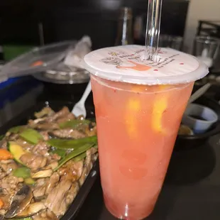 Strawberry lemonade with strawberry popping boba &amp; Beef with Mushroom Entree