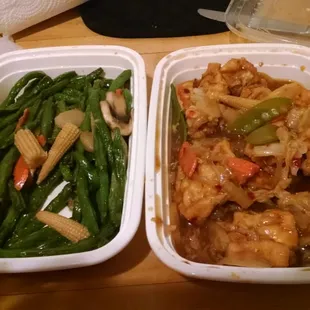 Yummy sautéed green beans and a bland dish erroneously called ma po bean curd.