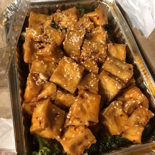 Seasoned tofu - very good but wish the sauce was on the side, it&apos;s drenching. Sauce is yummy though, sweet &amp; spicy!