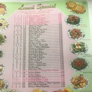 a menu for lunch special
