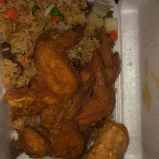 Chicken wings , beef fried rice and egg rolls