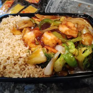 Szechuan Shrimp combo dinner w/fried rice. Comes w/egg roll not shown.