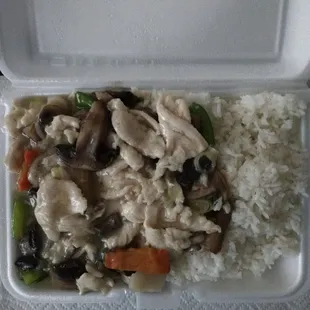 Moo Goo Gai Pan with white rice. Delicious.