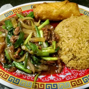 Mongolian beef, with a side of rice &amp; an eggroll. Combo.