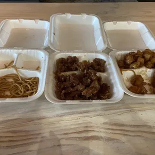 Noodles, Orange Chicken and Sesame Beef