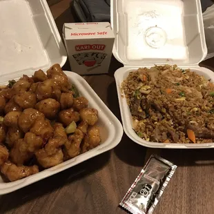 General Tao Chicken and Combination Fried Rice to go. The portions are huge!