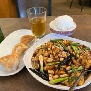 Kung pao chicken, fried dumplings and Tsingtao.
