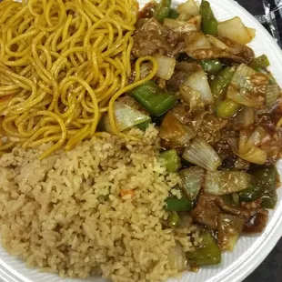Combo plate, pepper steak.  It comes with one egg roll