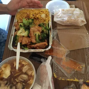 Hospital delivery. Combo chicken with broccoli sub fried rice. Small hot and sour soup (weak in flavor) and an egg roll. $15