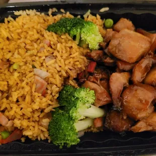 rice, meat, and broccoli