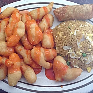 Sweet &amp; sour chicken w/ egg fried rice and egg roll