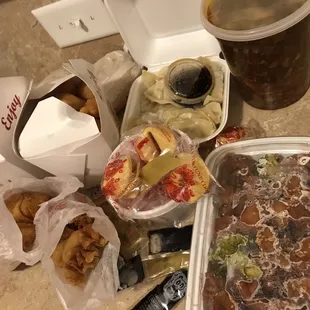 Dinner for 4: sweet/sour chicken w/ sauce, sesame chicken, steamed rice, hot &amp; sour soup, egg rolls; plus: steamed dumplings &amp; crab rangoons