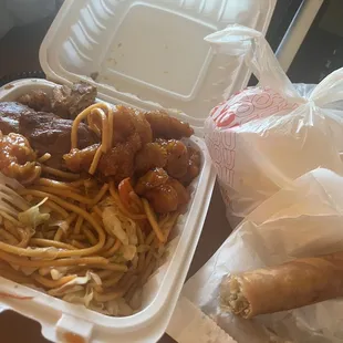 Two meats with rice or lo mein for $12.99 = $30 disgustingly spent to go into the trash. Teriyaki and orange chicken.