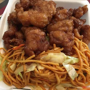 Orange chicken and lo mein noodles