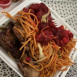 Teriyaki Chicken, Sweet and Sour chicken and lo mein. Yes, it&apos;s considered a item.