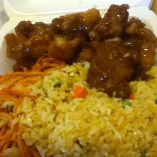 Half rice, Half noodles &amp; freshly made orange chicken.