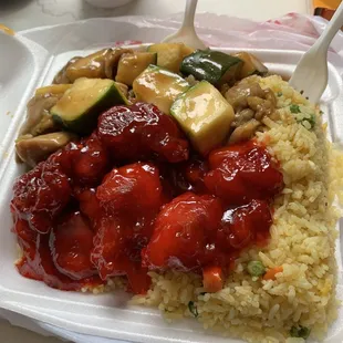 Mushroom chicken &amp; sweet sour chicken with fried rice (3 choice; yes the rice or noodles is considered 3rd choice)