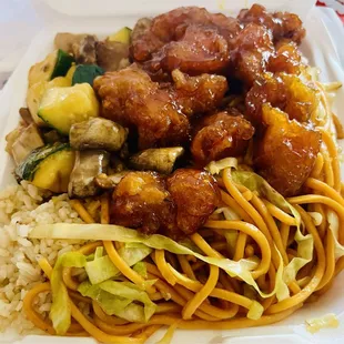 Fried rice, lo mein, mushroom zucchini chicken and orange chicken