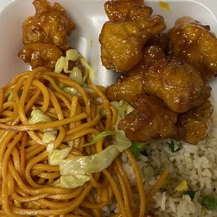 Chow Mein, rice, Orange Chicken