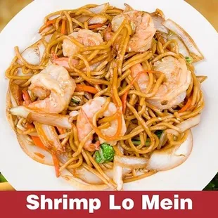 a plate of shrimp lo mein noodles