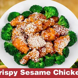 a plate of crispy sesame chicken with broccoli