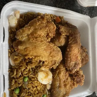 Shrimp fried rice and wings