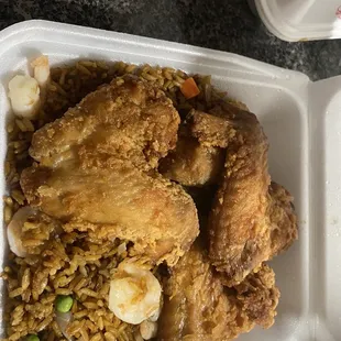 Shrimp fried rice and wings