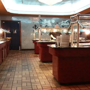 a restaurant with a buffet area