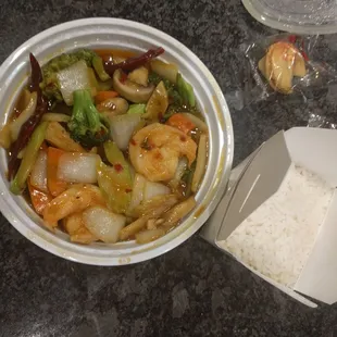 Sichuan shrimp, a size small order. Rice for scale.