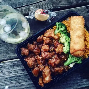 General Tsao with a beef egg roll