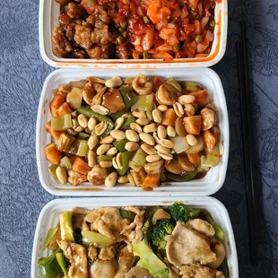 three containers of food