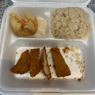a meal in a styrofoam container