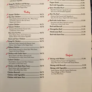the menu and prices