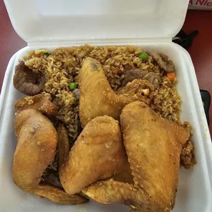 Chicken wings with beef fried rice... finally a great Chinese spot in Texas!!! I drive 30 mins just to get it.