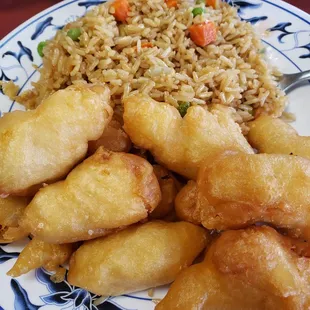 Sweet and sour chicken with fried rice.