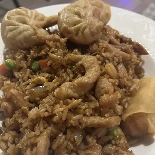 Fried rice with dumplings and egg roll