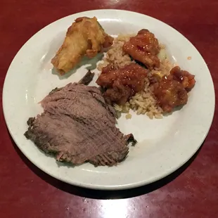 Roast Beef, Chicken Wing, General Tso Chicken on Fried Rice