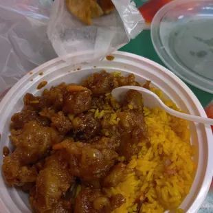 a plate of food with rice and meat
