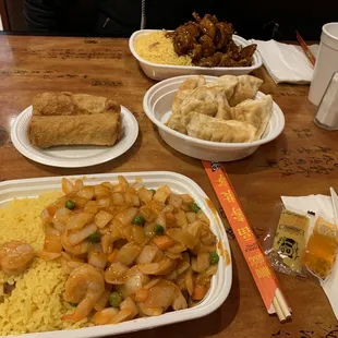 Hot and Spicy Shrimp, Fried Dumpling (8), Roast Pork Egg Roll