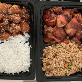 Sesame chicken lunch w/ rice, bourbon chicken lunch w/ dark rice. Egg rolls.