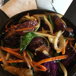 Spicy basil eggplant served with white rice- delish!