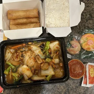 Kung Pao Vegetables,  Egg Rolls, Steamed White Rice, Fortune Cookie &amp; Almond with sauces and menu