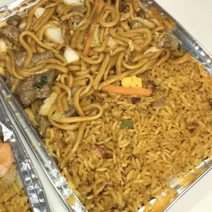 beef lo mein with roast pork fried rice