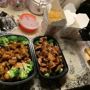 General Tso Chicken, Bourbon Chicken, Roast Pork Fried Rice, White Rice, Spring Rolls w/ a side of Sweet and Sour Sauce