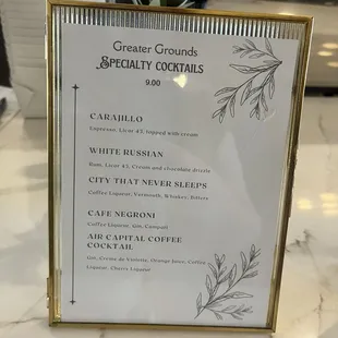 Specialty cocktail menu