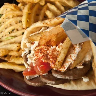 Gyro with seasoned waffle fries.